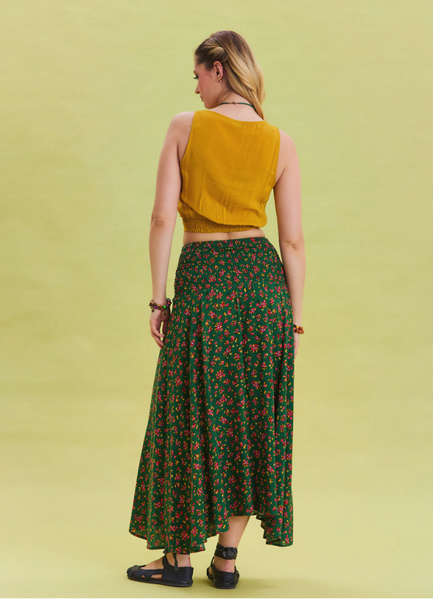 Gipe Waist Tied Green Patterned Ethnic Skirt 4501